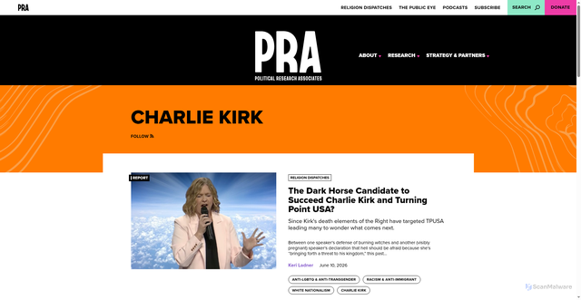 Security scan screenshot of https://politicalresearch.org/research/charlie-kirk