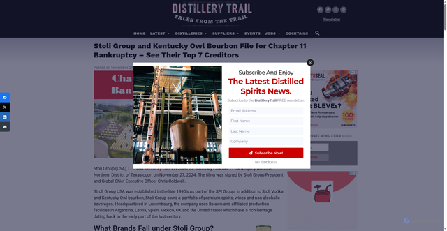 Security scan screenshot of https://www.distillerytrail.com/blog/stoli-group-and-kentucky-owl-bourbon-file-for-chapter-11-bankruptcy-see-their-top-7-creditors/