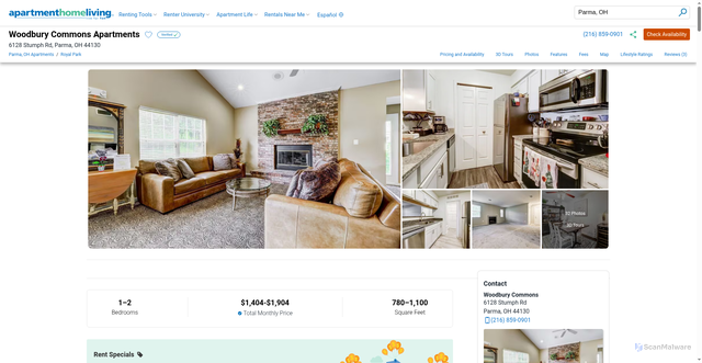 Security scan screenshot of https://www.apartmenthomeliving.com/apartment-finder/Woodbury-Commons-Parma-OH-44130-182017