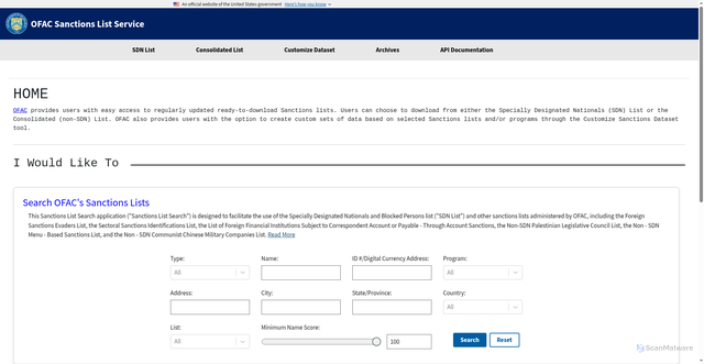Security scan screenshot of https://sanctionslist.ofac.treas.gov/