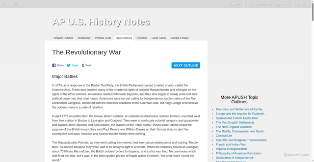 Security scan screenshot of https://www.apstudynotes.org/us-history/topics/the-revolutionary-war/