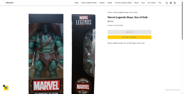 Security scan screenshot of https://infinityflux.net/products/marvel-legends-skaar-son-of-hulk?srsltid=AfmBOormBeLrse2IscAHfGE1Z3JhrheSxHaCLHeO-ZA8Vap6JASamIEj