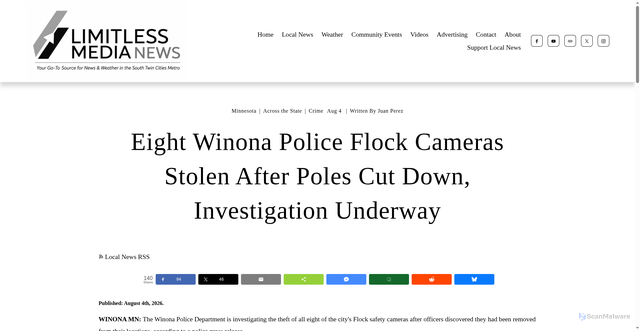 Security scan screenshot of https://www.limitless-news.com/local//winona-police-eight-flock-cameras-stolen-after-poles-cut-down