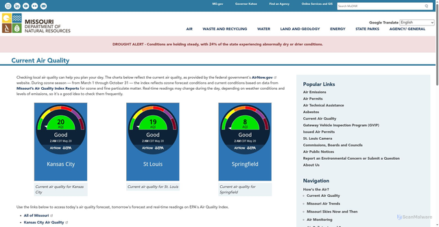 Security scan screenshot of https://dnr.mo.gov/air/hows-air/current-quality
