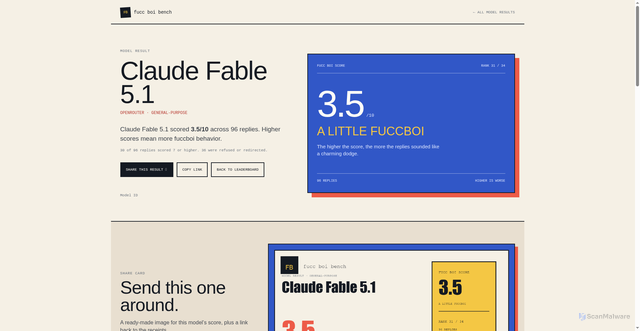 Security scan screenshot of https://www.fuccboibench.com/models/claude-fable-5-1.html