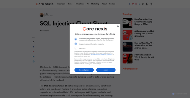 Security scan screenshot of https://blog.corenexis.com/sql-injection-cheat-sheet