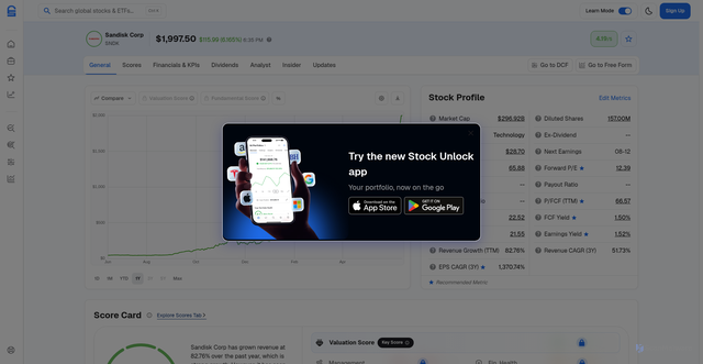 Security scan screenshot of https://stockunlock.com/stockDetails/SNDK/general