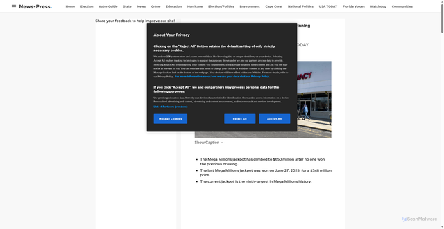 Security scan screenshot of https://www.news-press.com/story/news/2025/10/21/how-much-mega-millions-jackpot-what-were-winning-lottery-numbers-tuesday-october-florida/86813346007/