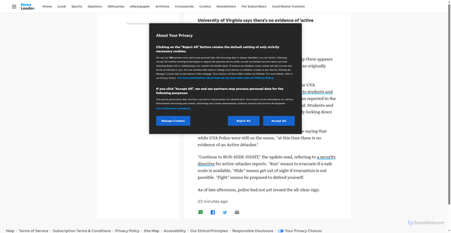 Security scan screenshot of https://www.newsleader.com/story/news/local/crime/2025/11/03/active-shooter-university-virginia-shannon-library/87072018007/