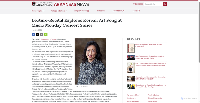 Security scan screenshot of https://news.uark.edu/articles/80961/lecture-recital-explores-korean-art-song-at-music-monday-concert-series