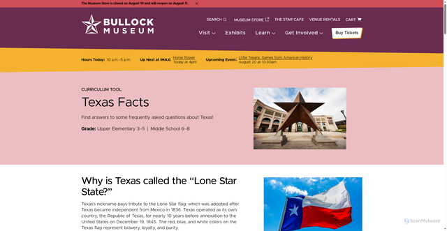 Security scan screenshot of https://www.thestoryoftexas.com/resources/texas-facts/