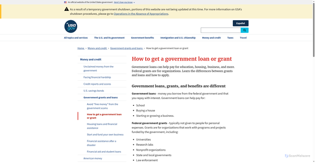 Security scan screenshot of https://www.usa.gov/government-loan?utm_source=usa_benefits-gov&utm_medium=redirect&utm_campaign=redirect_govloans-gov