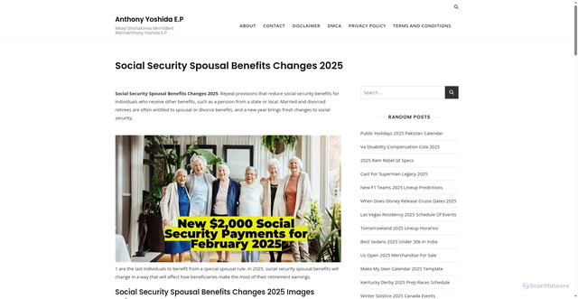 Security scan screenshot of https://anthonyyoshidaep.pages.dev/uaqx-social-security-spousal-benefits-changes-2025-vaizl/
