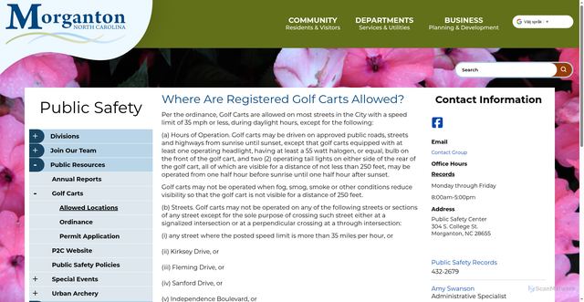 Security scan screenshot of https://www.morgantonnc.gov/publicsafety/page/where-are-registered-golf-carts-allowed