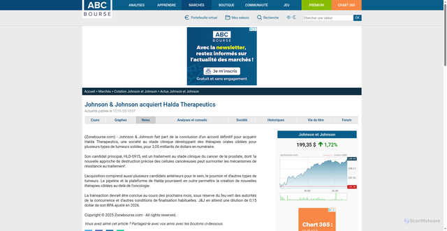 Security scan screenshot of https://www.abcbourse.com/marches/johnson-amp-johnson-acquiert-halda-therapeutics_680432