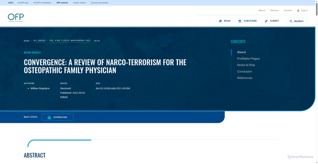 Security scan screenshot of https://acofp.org/news-and-publications/journal/article-detail/vol-4-no-2-(2012)/convergence-review-narco-terrorism-osteopathic-family-physician