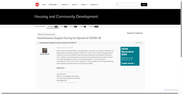 Security scan screenshot of https://communityhub.aia.org/communities/community-home/digestviewer/viewthread?GroupId=163&MessageKey=4b94d8dd-210b-4567-84b0-5536a5762c6e&CommunityKey=3934f0d4-c0c1-4600-b8a2-844131ba8365&hlmlt=VT