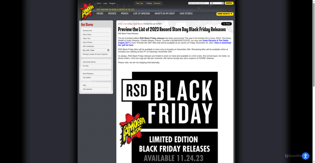 Security scan screenshot of https://www.amoeba.com/our-stores/store-news/388/preview-the-list-of-2023-record-store-day-black-friday-releases-388/?srsltid=AU7gw4VEx-tPvZSz7JC7_1-lJUI_07sPwkSui961EPIn1tNHCuzGgu-X