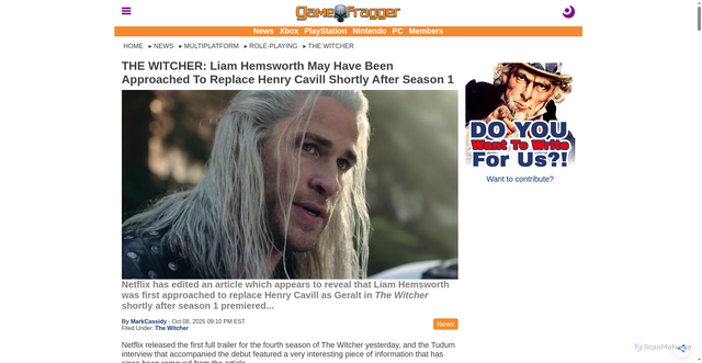Security scan screenshot of https://gamefragger.com/multiplatform/role_playing/the-witcher/the-witcher-liam-hemsworth-may-have-been-approached-to-replace-henry-cavill-shortly-after-season-1-a27747