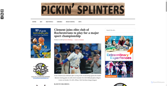 Security scan screenshot of https://pickinsplinters.com/2025/10/23/clement-joins-elite-club-of-rochesterians-to-play-for-championship/