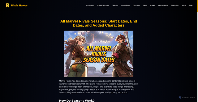 Security scan screenshot of https://rivalsheroes.com/blog/marvel-rivals-season-start-end-dates