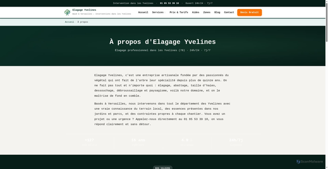 Security scan screenshot of https://elagage-abattage-yvelines.fr/a-propos/