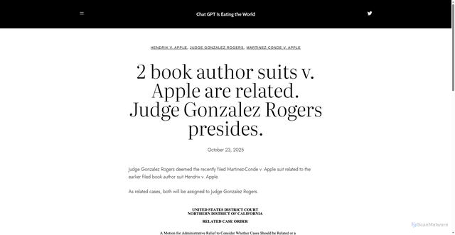 Security scan screenshot of https://chatgptiseatingtheworld.com/2025/10/23/2-book-author-suits-v-apple-are-related-judge-gonzalez-rogers-presides/