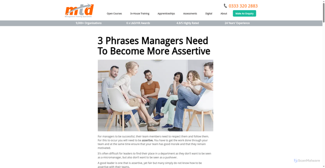 Security scan screenshot of https://www.mtdtraining.com/blog/3-phrases-managers-need-become-assertive.htm