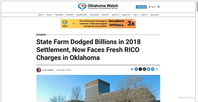 Security scan screenshot of https://oklahomawatch.org/2025/12/18/state-farm-dodged-billions-in-2018-settlement-now-faces-fresh-rico-charges-in-oklahoma/