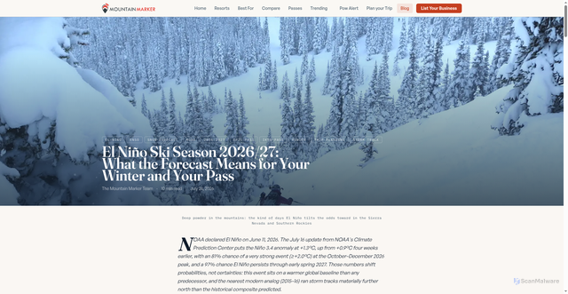 Security scan screenshot of https://www.mountainmarker.com/blog/el-nino-ski-season-2026-27