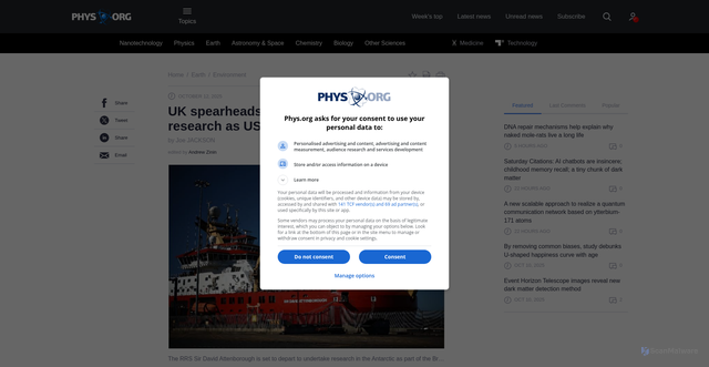 Security scan screenshot of https://phys.org/news/2025-10-uk-spearheads-polar-climate.html