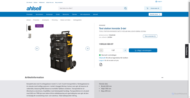 Security scan screenshot of https://www.ahlsell.se/products/arbetsplats/forvaring/vaskor-och-lador/verktygslador/72946548---tool-station-ironside-sats-3-delar-inklusive-karra-203184?utm_campaign=Veckans+V%c3%a4rsting++v40+-+Tool+station+3+delar&utm_medium=Ahlsell+Erbjudande&utm_source=BizWizard