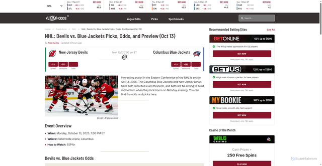 Security scan screenshot of https://www.vegasodds.com/predictions/nhl/nhl-devils-vs-blue-jackets-picks-odds-and-preview-oct-13/
