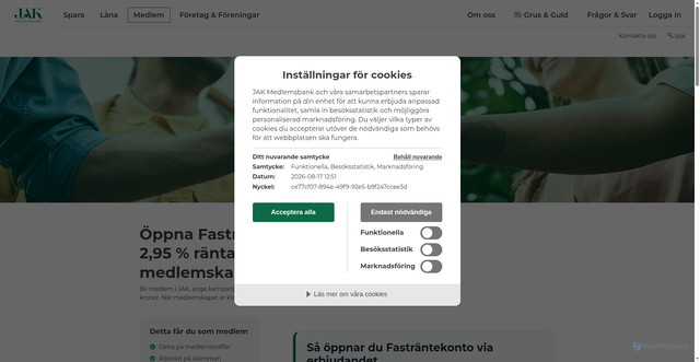 Security scan screenshot of https://www.jak.se/medlem/membership-pages/bli-medlem-kampanj/?affiliate=elskling&apcid=0069d221be0906897d8e6e0f&utm_campaign=fastrantesparkonto_medlemskap_2026&utm_content=elskling_early_3&utm_medium=affiliate&utm_source=elskling