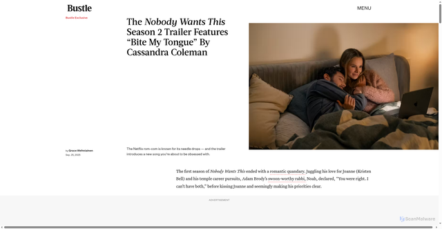 Security scan screenshot of https://www.bustle.com/entertainment/nobody-wants-this-season-2-trailer-song-cassandra-coleman-bite-my-tongue