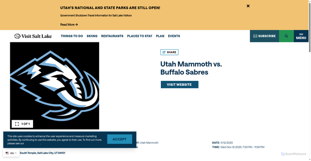 Security scan screenshot of https://www.visitsaltlake.com/event/sports-and-outdoors/utah-mammoth-vs-buffalo-sabres/71806/