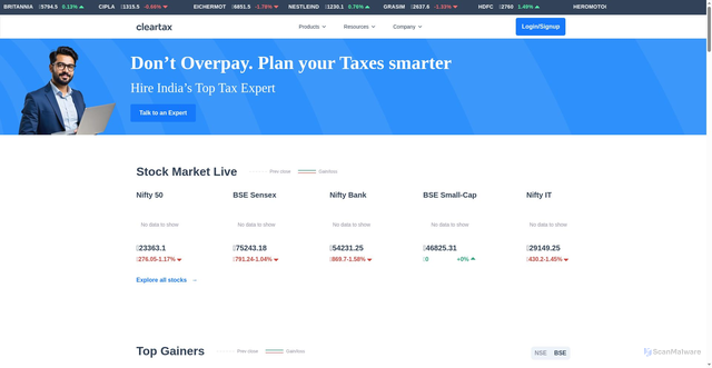 Security scan screenshot of https://cleartax.in/stocks