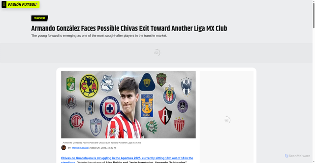 Security scan screenshot of https://www.pasionfutbol.com/en/transfers/Armando-Gonzalez-Faces-Possible-Chivas-Exit-Toward-Another-Liga-MX-Club-20250826-0057.html