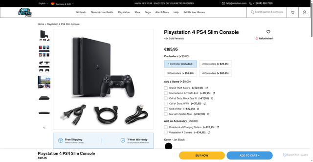 Security scan screenshot of https://retrofam.com/products/sony-playstation-4-slim-console?srsltid=AfmBOooHPopM_RS6Q9dcFSYss6mNI8X9BbgZBneC-36Lwk4NCICzeH0k