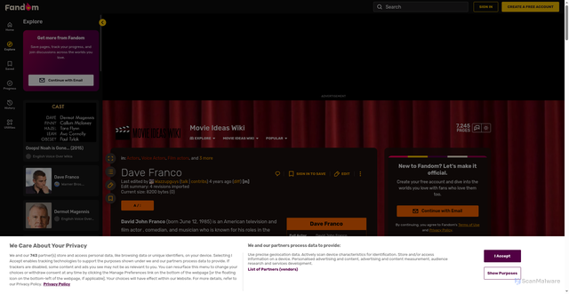 Security scan screenshot of https://movieideas.fandom.com/wiki/Dave_Franco