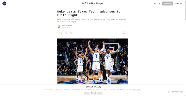 Security scan screenshot of https://bullcityhoops.substack.com/p/duke-beats-texas-tech-advances-to
