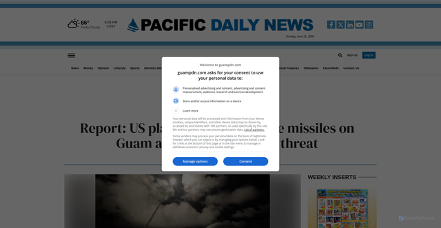 Security scan screenshot of https://www.guampdn.com/news/report-us-plans-to-host-offensive-missiles-on-guam-amid-looming-china-threat/article_b673cab8-a63e-4857-a2d3-619e8c61ffd7.html