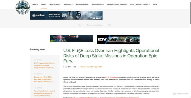 Security scan screenshot of https://armyrecognition.com/news/aerospace-news/2026/u-s-f-15e-loss-over-iran-highlights-operational-risks-of-deep-strike-missions-in-operation-epic-fury