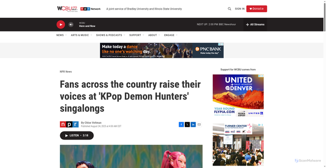Security scan screenshot of https://www.wcbu.org/npr-news/2025-08-24/fans-across-the-country-raise-their-voices-at-kpop-demon-hunters-singalongs