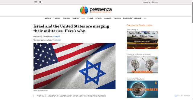 Security scan screenshot of https://www.pressenza.com/2026/07/israel-and-the-united-states-are-merging-their-militaries-heres-why/