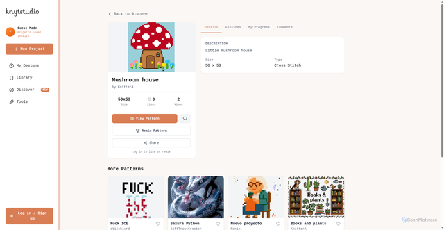 Security scan screenshot of https://knytfolketstickit.pages.dev/dashboard?openPattern=125cd38a-be8c-4c6c-ab76-a6e01ab7d0fe