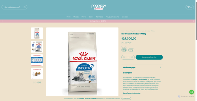 Security scan screenshot of https://mandypetshop.com.ar/productos/royal-canin-cat-indoor-7-1-5kg/