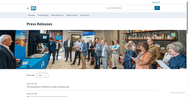 Security scan screenshot of https://news.ppg.com/press-releases/press-release-details/2025/PPG-showcases-innovations-in-paints-coatings-and-specialty-products-that-enhance-customer-productivity-and-accelerate-organic-growth/default.aspx