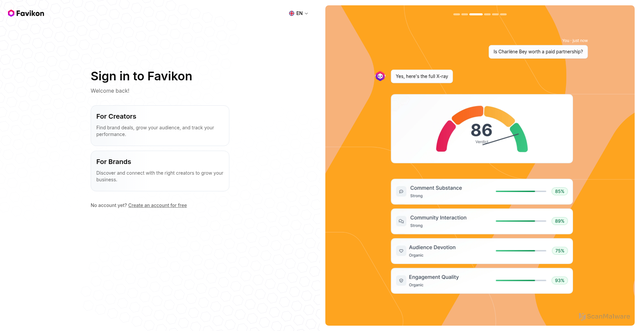 Security scan screenshot of https://app.favikon.com
