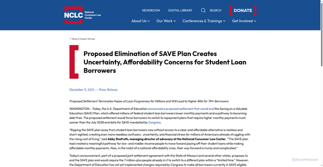 Security scan screenshot of https://www.nclc.org/proposed-elimination-of-save-plan-creates-uncertainty-affordability-concerns-for-student-loan-borrowers/